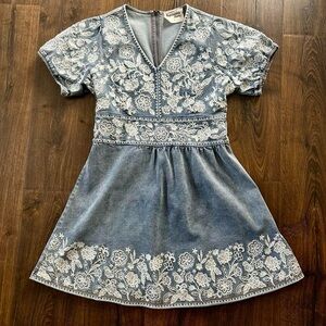 Denim fit & flare embroidered dress NWOT